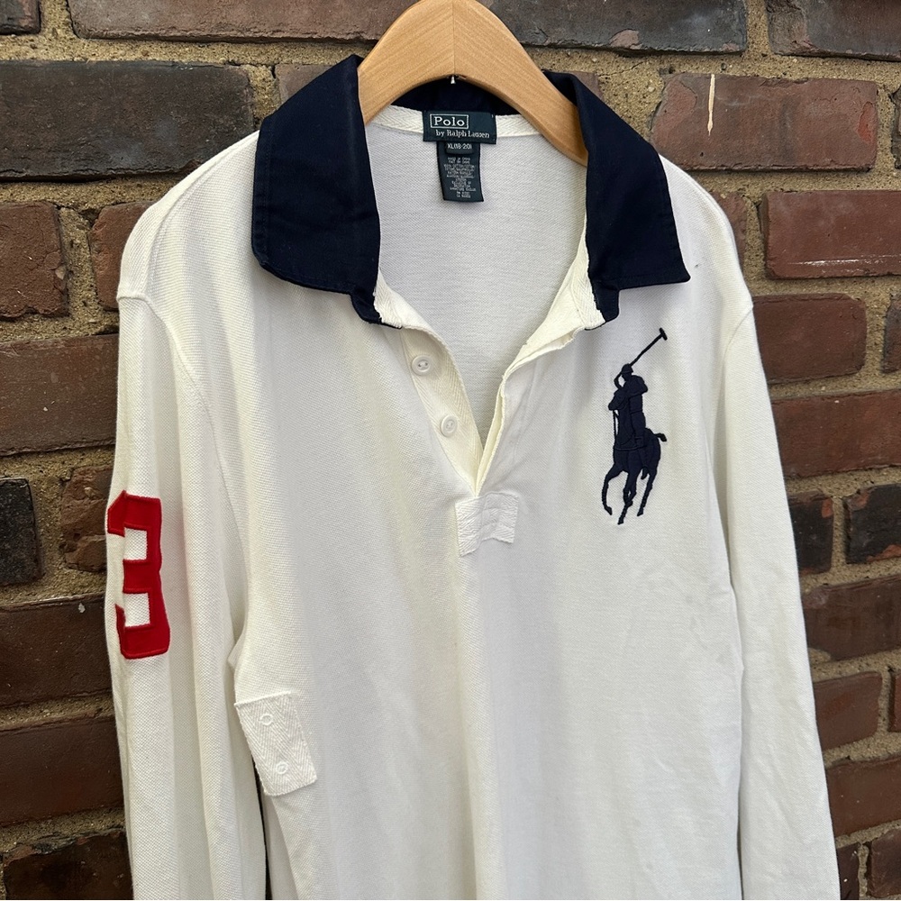 Vtg Polo Ralph Lauren rugby shirt white navy collar large embroidered pony logo